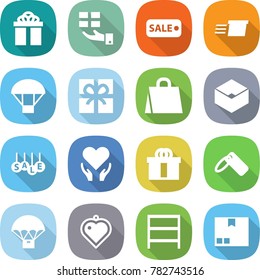 flat vector icon set - gift vector, sale, delivery, parachute, shopping bag, box, health care, hi quality package, label, heart pendant, rack