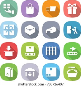 flat vector icon set - gift vector, shopping bag, delivery, box, warehouse, courier, package, transporter tape, pallet, conveyor, cereals, washing powder