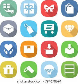 flat vector icon set - gift vector, bow, shopping bag, box, label, delivery, diamond, health care, package, hi quality, parachute, rack