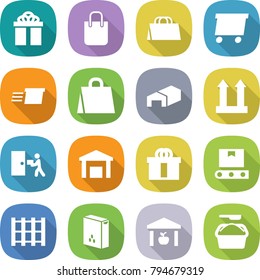 flat vector icon set - gift vector, shopping bag, delivery, warehouse, cargo top sign, courier, hi quality package, transporter tape, pallet, cereals, washing powder