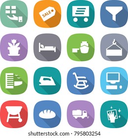 Flat Vector Icon Set - Gift Vector, Sale Label, Delivery, Funnel, Flower, Hospital Bed, Port, Loading Crane, Hotel, Iron, Rocking Chair, Computer, Bbq, Bread, Sweeper, Wiping