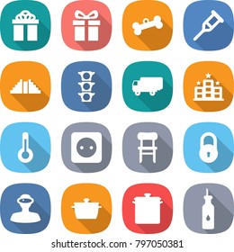 flat vector icon set - gift vector, bone, crutch, pyramid, traffic light, shipping, hotel, thermometer, power socket, chair, lock, vr helmet, pan, vegetable oil