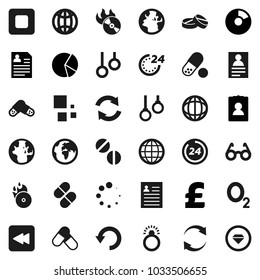 Flat vector icon set - glasses vector, world, personal information, pie graph, pound, pills, gymnast rings, oxygen, earth, music hit, stop button, backward, refresh, undo, loading, globe, 24 hour