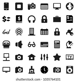 Flat vector icon set - glasses vector, case, table lamp, calculator, world, exchange, annual report, clock, calendar, target, satellite, camera, speaker, settings, tv, mobile phone, headphones, lock