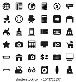 Flat vector icon set - glasses vector, calculator, exchange, man, skateboard, earth, satellite, calendar, camera, video, internet, backward button, hdmi, globe, barn, fireplace, building, new, star
