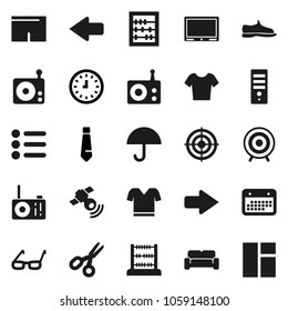 Flat vector icon set - glasses vector, scissors, abacus, clock, tie, snickers, shorts, t shirt, target, calendar, umbrella, radio, satellitie, arrow, cushioned furniture, menu, computer, tv, window