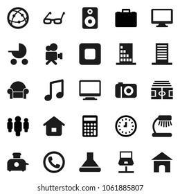 Flat vector icon set - glasses vector, table lamp, music, case, calculator, clock, man, stadium, video camera, internet, monitor, speaker, stop button, notebook network, cushioned furniture, phone