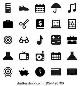 Flat vector icon set - glasses vector, abacus, music, piggy bank, case, annual report, clock, calendar, snickers, shorts, target, umbrella, radio, tv, scissors, calculator, hood, computer