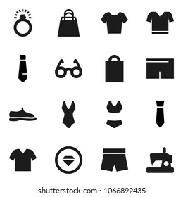 Flat vector icon set - glasses vector, tie, snickers, shorts, swimsuite, t shirt, shopping bag, diamond ring, clothes, sewing machine