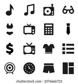 Flat vector icon set - glasses vector, music, tie, dollar sign, shorts, swimsuite, t shirt, target, clock, radio, tv, calculator, menu, window