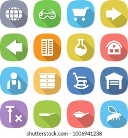 flat vector icon set - globe vector, smart glasses, cart, right arrow, left, pills blister, flask, house, workman, chest of drawers, rocking chair, garage, no signal, pan, wasp