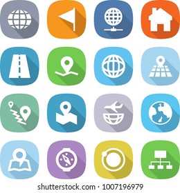 flat vector icon set - globe vector, flag, connect, home, road, geo pin, map, route, plane shipping, earth, compass, orbit, hierarchy