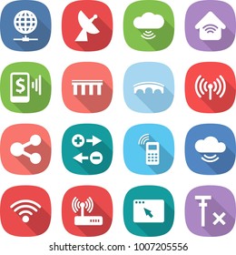 flat vector icon set - globe connect vector, satellite antenna, cloud wireless, home, mobile pay, bridge, share, charge particle, phone, service, router, browser window, no signal