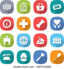 flat vector icon set - globe vector, report, delete cart, ticket, info, medical cross, bone, health care, arch, sail boat, fence, cutting board, egg timer, meat hammer, duster