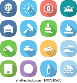 flat vector icon set - globe connect vector, lightning, battery charge, scales, garage, repair, client, flammable, label, car baggage, motorcycle, slippers, kitchen, cookies, toilet cleanser