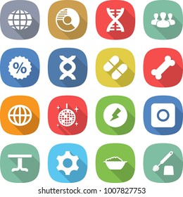 flat vector icon set - globe vector, circle diagram, dna, group, percent, pill, bone, disco ball, electricity, ring button, table, gear, foam basin, toilet brush