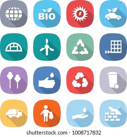 flat vector icon set - globe vector, bio, sun power, eco car, greenhouse, windmill, recycle, solar panel, trees, hand drop, recycling, trash bin, truck, and, construct garbage