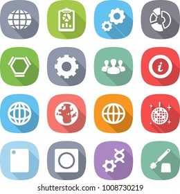 flat vector icon set - globe vector, report, gear, circle diagram, hex molecule, group, info, disco ball, cutting board, ring button, dna edit, toilet brush