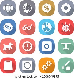 flat vector icon set - globe vector, circle diagram, percent, gear, pacemaker, earth, disco ball, dog, watch, ring button, table, cutting board, gears, toilet brush