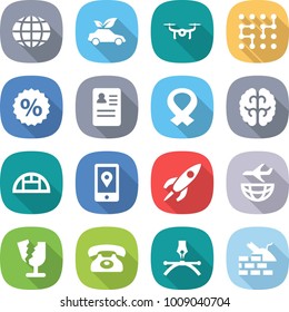 flat vector icon set - globe vector, eco car, drone, chip, percent, anamnesis, medical harness, brain, greenhouse, mobile location, rocket, plane shipping, broken, phone, drawing pen