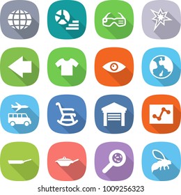 flat vector icon set - globe vector, diagram, smart glasses, bang, left arrow, t shirt, eye, earth, transfer, rocking chair, garage, analytics, pan, viruses, wasp