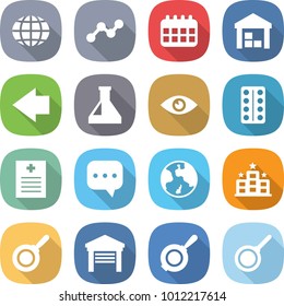 flat vector icon set - globe vector, graph, calendar, warehouse, left arrow, flask, eye, pills blister, recipe, sms, earth, hotel, pan, garage
