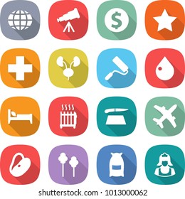 flat vector icon set - globe vector, telescope, dollar coin, star, medical cross, kidneys, repair, drop, bed, radiator, cutting board, plane, beans, trees, flour, cleaner