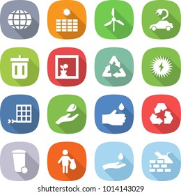 flat vector icon set - globe vector, sun power, windmill, electric car, bin, flower in window, recycle, solar, panel, hand leaf, drop, recycling, trash, and, construct garbage