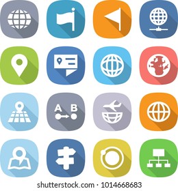 flat vector icon set - globe vector, flag, connect, geo pin, location details, map, route a to b, plane shipping, signpost, orbit, hierarchy