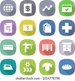 flat vector icon set - globe vector, receipt, graph, calendar, account balance, shopping bag, cross, bunker, tower crane, bar code, nightstand, iron, conveyor, mushroom, bread