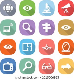 flat vector icon set - globe vector, eye, microscope, telescope, notebook wireless, magnifier, singlepost, plan, plane, mirror, tv, 3d glasses, pickup