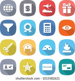flat vector icon set - globe vector, receipt, weather management, gift, funnel, medal, calculator, eye, surgical clamp, barn, dome house, flammable, check in, starfish, welcome mat, envelope