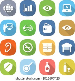 flat vector icon set - globe vector, graph, eye, notebook, presentation, smart glasses, wallet, ear, no smoking, chest of drawers, garage, shield, pan, ketchup, wine