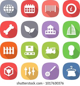 flat vector icon set - globe vector, calendar, bar code, info, bone, leafs, cottage, skyscraper, fence, transporter tape, train, bulb, 3d, setup, skimmer, hanger