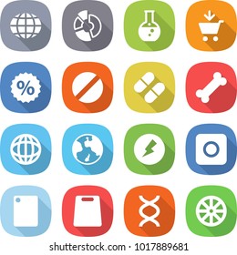 flat vector icon set - globe vector, circle diagram, round flask, add to cart, percent, pill, bone, earth, electricity, ring button, cutting board, dna, wheel