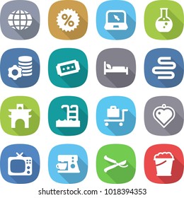 flat vector icon set - globe vector, percent, notebook, round flask, virtual mining, ticket, hospital bed, intestines, arch, pool, baggage trolley, heart pendant, tv, coffee maker, pruner