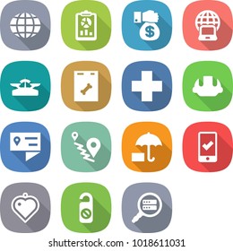 flat vector icon set - globe vector, report, money gift, notebook, scales, roentgen, cross, building helmet, location details, route, insurance, mobile checking, heart pendant, do not distrub