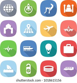 flat vector icon set - globe vector, rocket, greate wall, minaret, map, plane, train, air ballon, suitcase, shark flipper, do not distrub, inflatable pool, speed