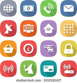 flat vector icon set - globe vector, money, call, mail, satellite antenna, server, wireless home, chip, remove from basket, info, ambulance helicopter, lock, envelope, router