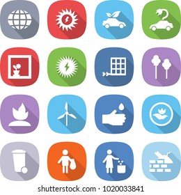 flat vector icon set - globe vector, sun power, eco car, electric, flower in window, solar, panel, trees, sprouting, windmill, hand drop, ecology, trash bin, garbage, construct