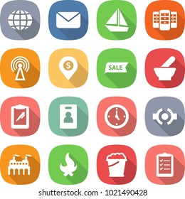 flat vector icon set - globe vector, mail, boat, server, antenna, dollar pin, sale, mortar, clipboard pen, identity card, watch, connect, factory, fire, foam bucket, list
