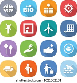 flat vector icon set - globe vector, bio, sun power, windmill, flower in window, solar panel, trees, hand leaf, drop, ecology, trash truck, garbage bin, construct