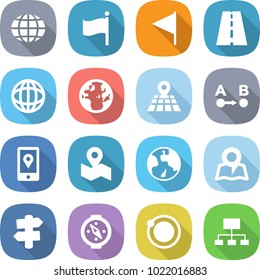 flat vector icon set - globe vector, flag, road, map, route a to b, mobile location, earth, signpost, compass, orbit, hierarchy