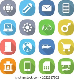 flat vector icon set - globe vector, pencil, mail, calculator, notebook, round around, smart glasses, male sign, door, earth, train, cart, fireplace, phone, sim card, hand dryer