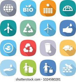 flat vector icon set - globe vector, bio, sun power, greenhouse, windmill, recycle, hand drop, ecology, recycling, trash bin, truck, and, garbage, construct