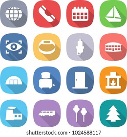 flat vector icon set - globe vector, phone, calendar, boat, eye identity, smart bracelet, spark plug, airport building, hangare, toaster, door, fireplace, factory, speed train, trees, spruce