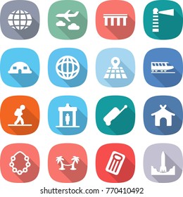 flat vector icon set - globe vector, journey, bridge, lighthouse, dome house, map, train, tourist, detector, suitcase, bungalow, hawaiian wreath, palm hammock, inflatable mattress, rocket start