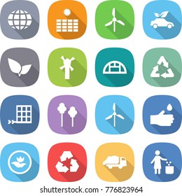 flat vector icon set - globe vector, sun power, windmill, eco car, leafs, greenhouse, recycle, solar panel, trees, hand drop, ecology, recycling, trash truck, garbage bin