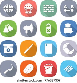 flat vector icon set - globe vector, notebook, brick wall, route a to b, flippers, loudspeaker, do not distrub, toaster, kitchen scales, knife, cutting board, croissant, sickle, potato, foam bucket