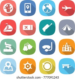 flat vector icon set - globe vector, mobile location, earth, plane, sail boat, ticket, suitcase, tent, aquapark, flippers, diving mask, hotel, map, handwheel, orbit, trailer